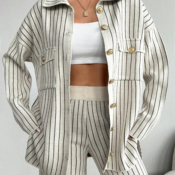 Apricot Casual Women's Striped Pattern Drop Shoulder Cardigan & Knit Pants - Picture 4 of 5